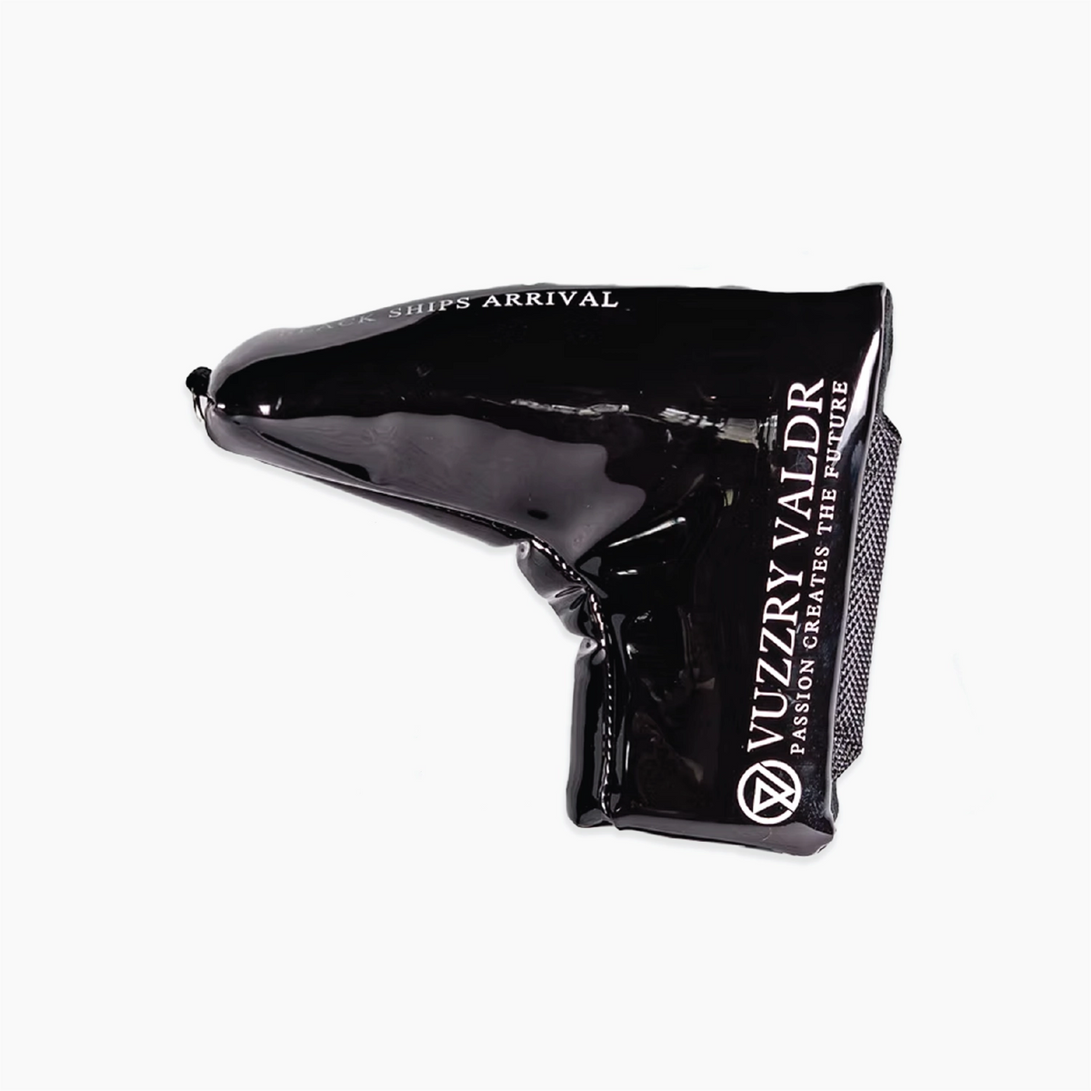 A glossy black Vuzzry Valdr golf club headcover on a clean white background, featuring white branding text and a textured black side panel.