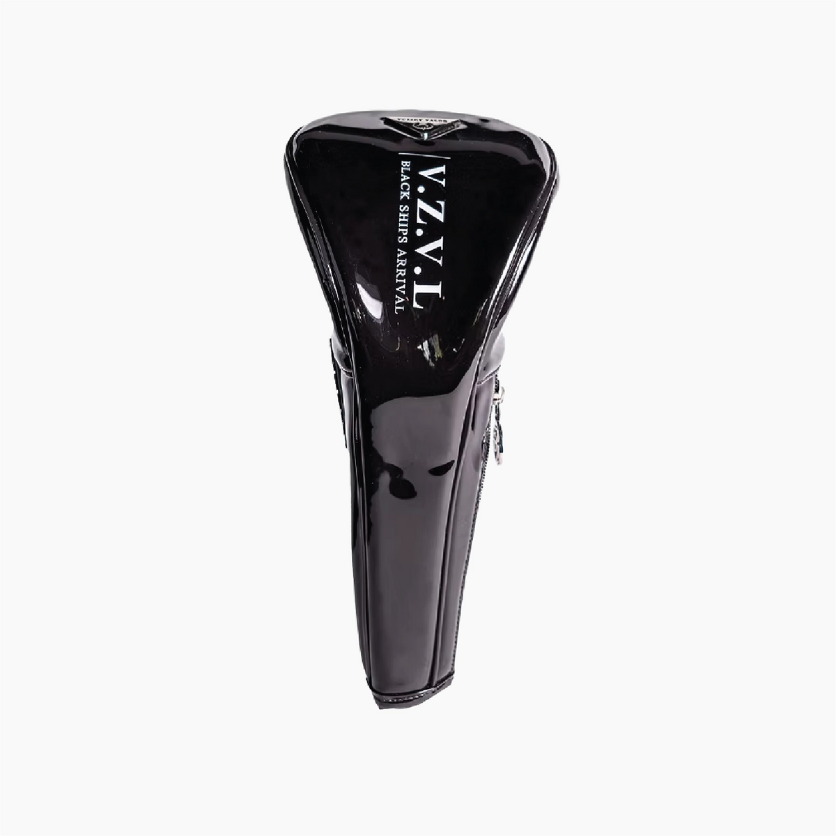 A glossy black vinyl golf club headcover on a plain white background, featuring the brand name 'VZVL' and the text 'BLACK SHIPS ARRIVAL.' printed vertically in white.