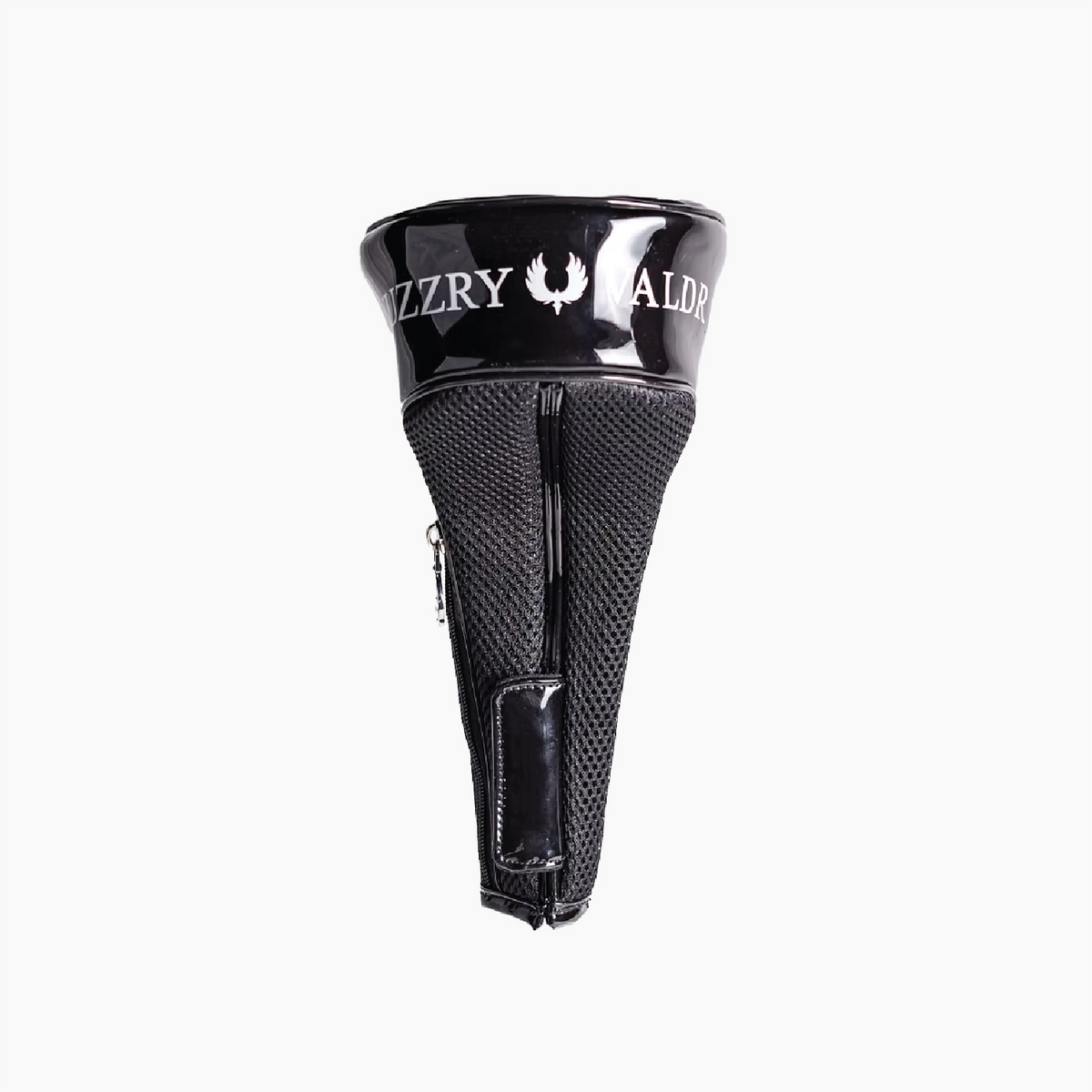 A black golf club headcover with a glossy top section and a textured mesh body, featuring the brand name 'VUZZRY' and a bird logo on the top band.