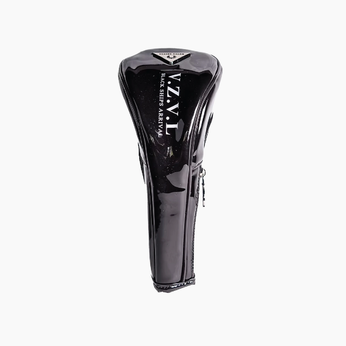 A glossy black vinyl golf club headcover on a solid white background, featuring the brand name 'VZVL' and 'GOLF CLUB HEADCOVER' printed in white on the front.