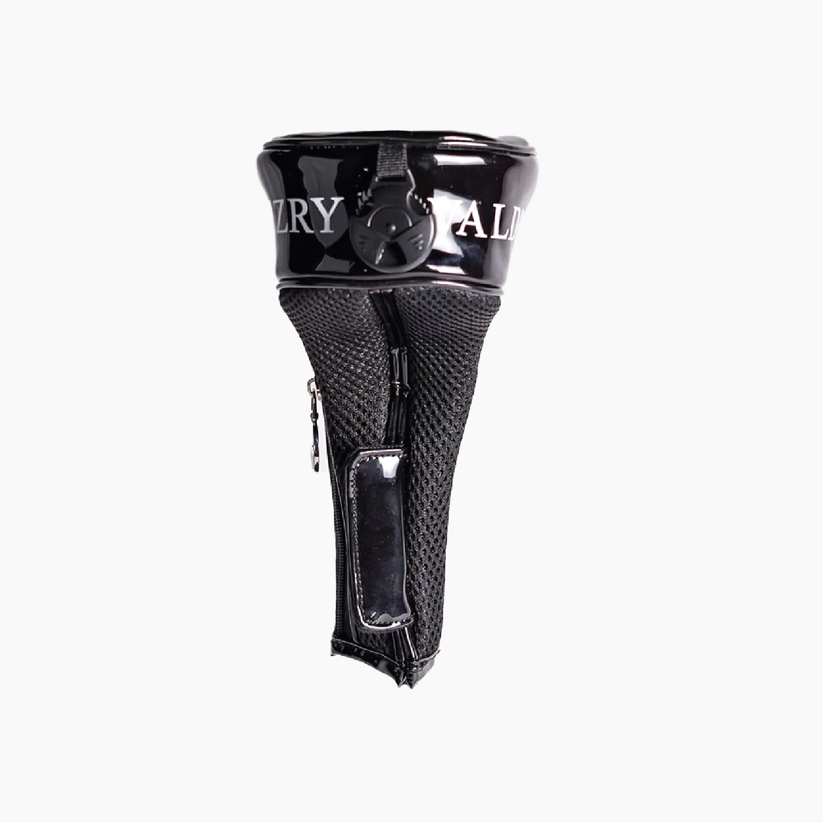 A black golf club headcover with a glossy patent leather top section featuring the white text 'VUZZRY VALDR' and a black mesh lower section with a front zipper and a small glossy pocket, shown against a plain white background.