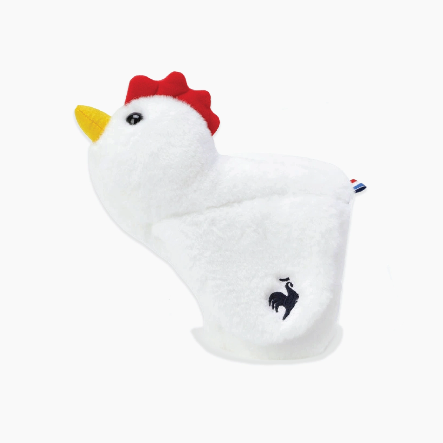 A white plush chicken-shaped bath mat with a red comb, yellow beak, and a black rooster logo on the side, photographed on a clean white background.