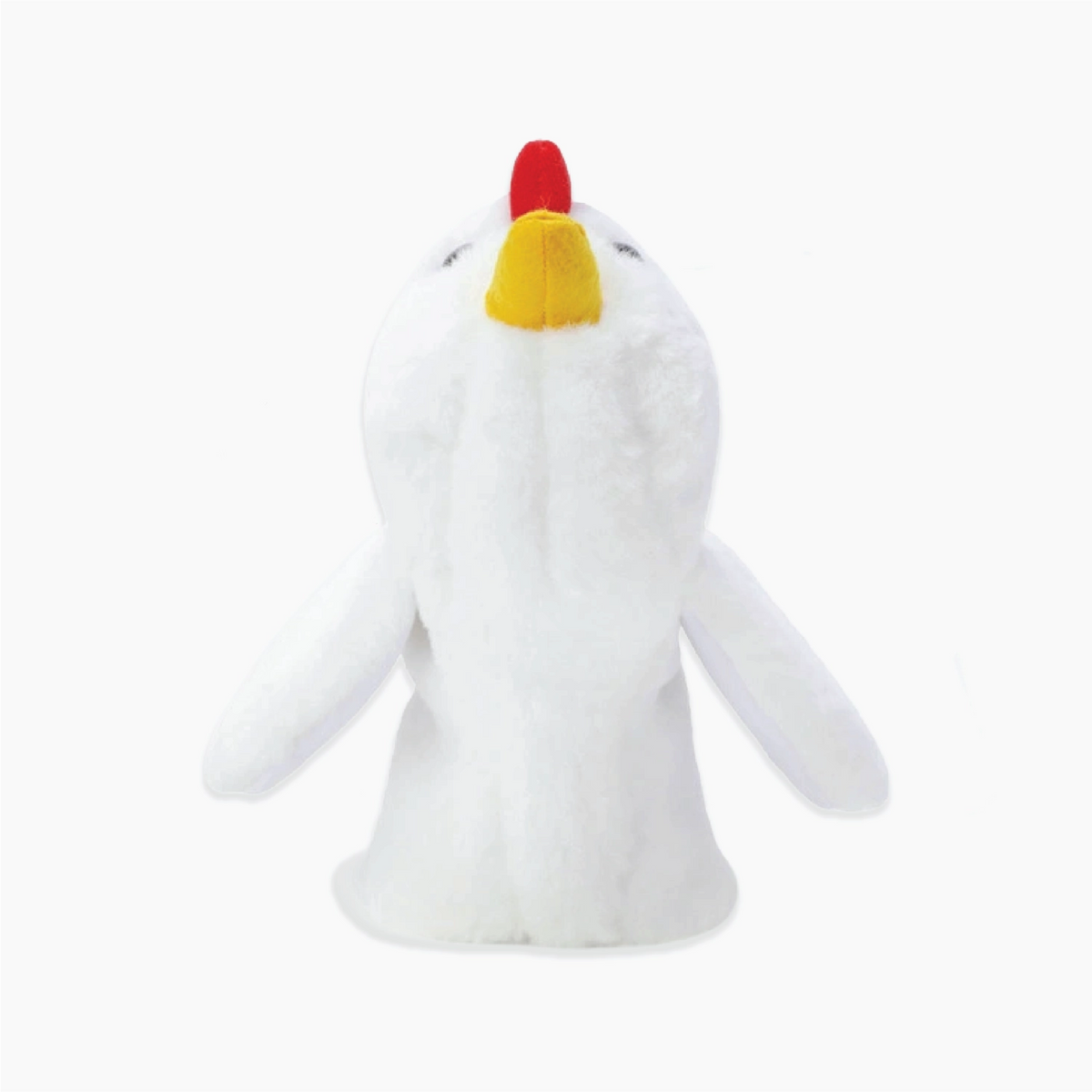 A white plush chicken toy with a red comb and yellow beak, photographed against a plain white background.