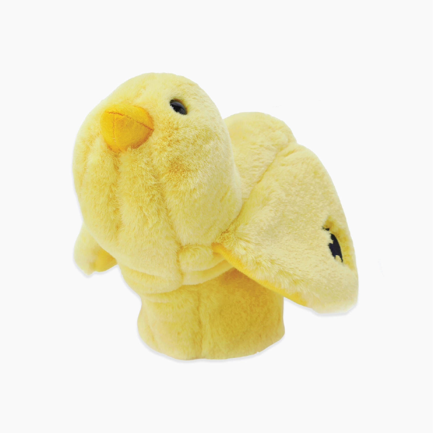 A yellow plush chick finger puppet with a soft fuzzy texture, black bead eyes, and a small yellow beak, shown on a plain white background.