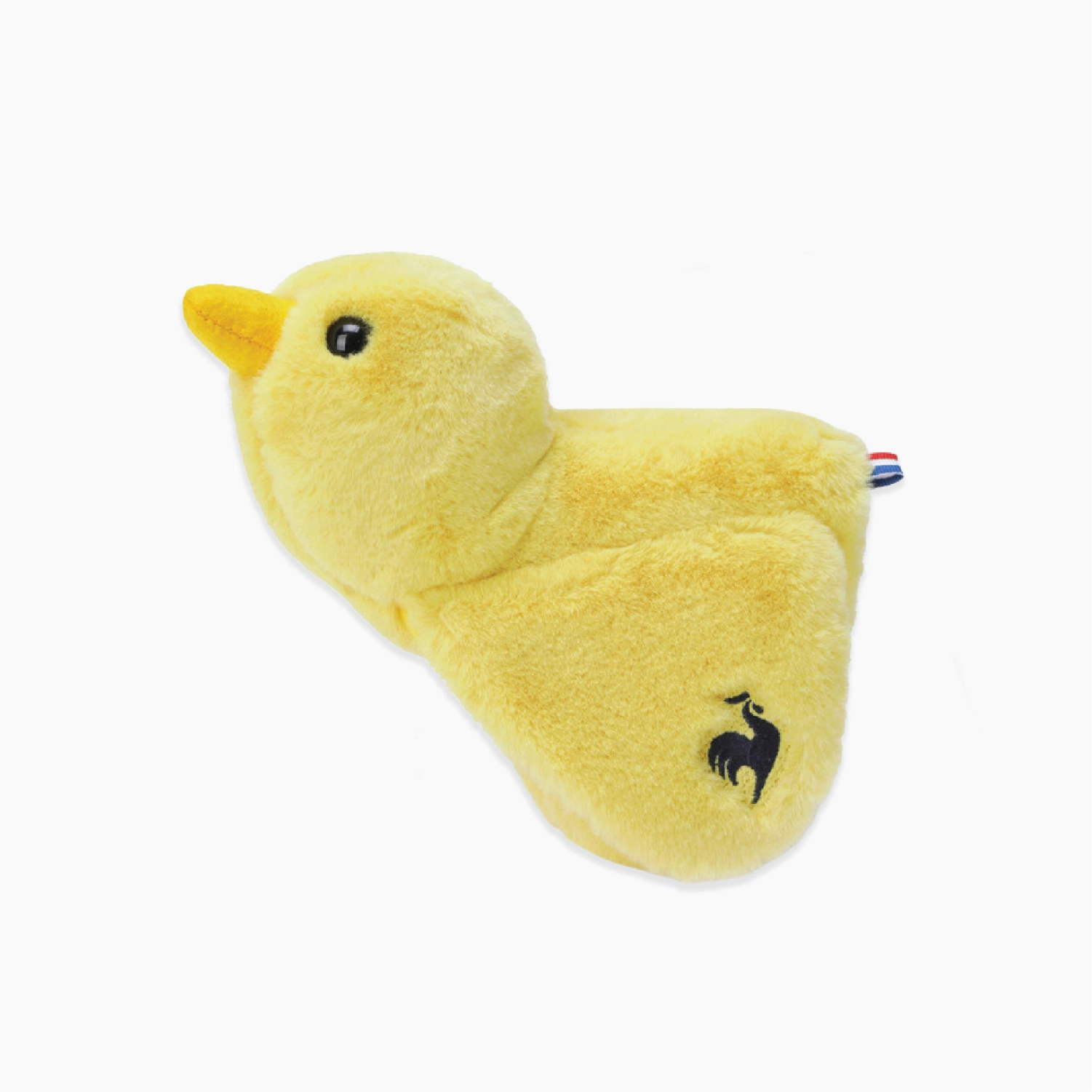 A yellow plush duck-shaped headband with a black embroidered rooster logo on the side, shown against a plain white background.