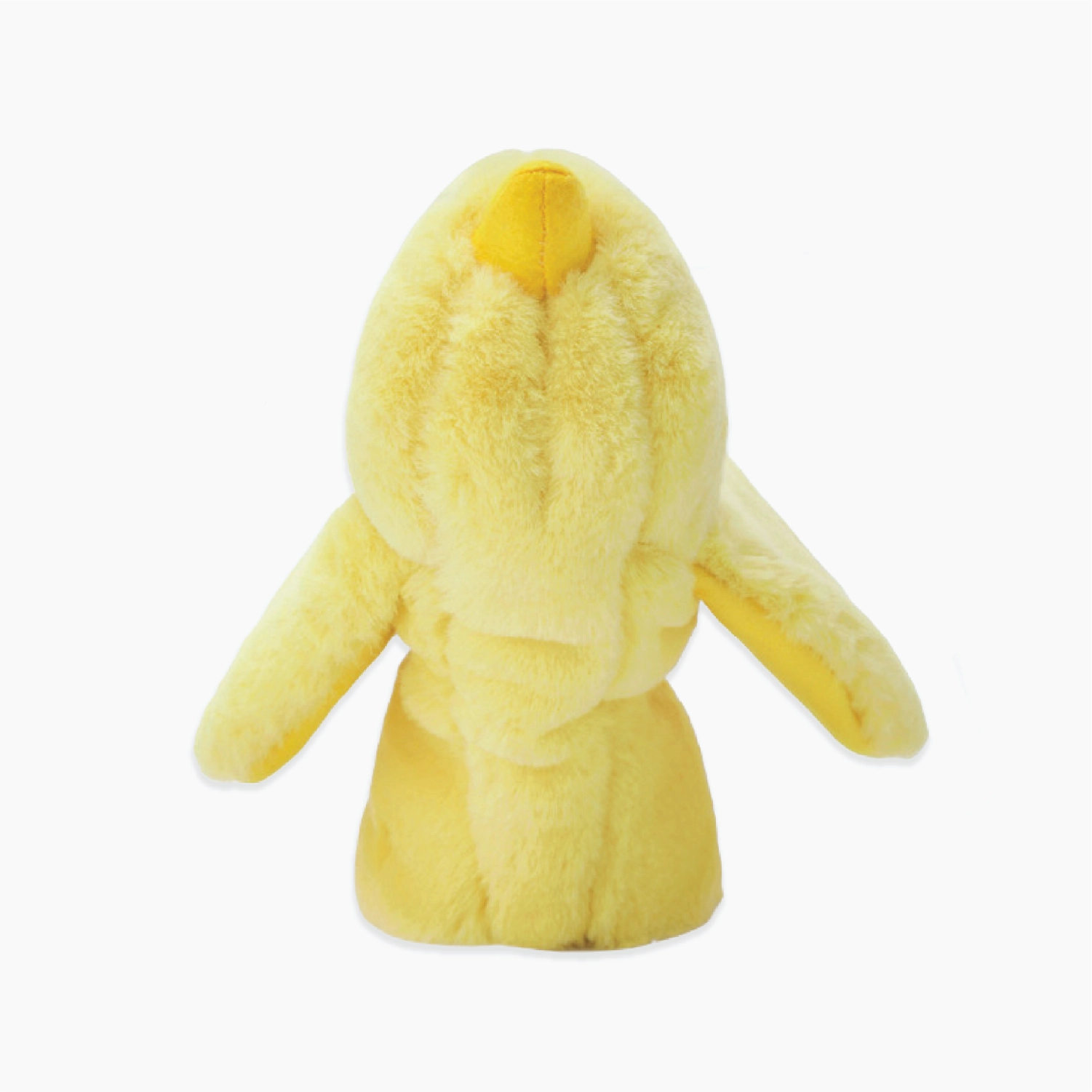 A yellow plush toy shaped like a stylized bird or character, shown from the back against a plain white background.
