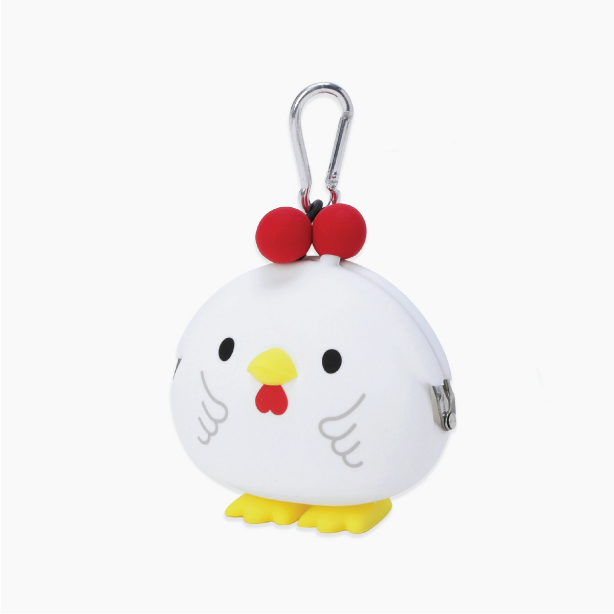 A white oval coin purse shaped like a cartoon chicken, with a silver carabiner clip, red comb details, and yellow feet, shown on a plain white background.