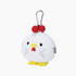 A white oval coin purse shaped like a cartoon chicken, with a silver carabiner clip, red comb details, and yellow feet, shown on a plain white background.