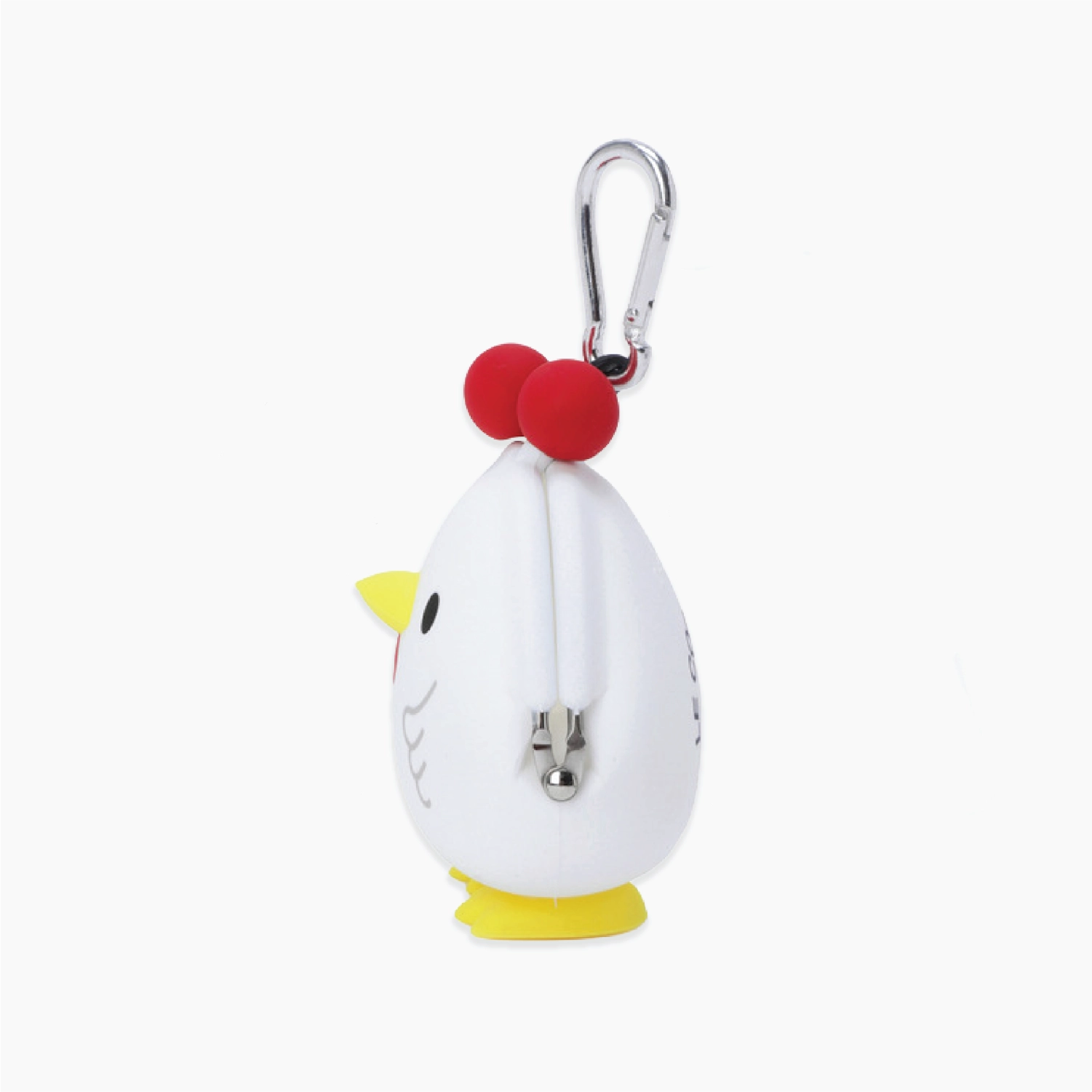 A white egg-shaped zipper pouch with a cartoon chick design, featuring red pom-poms on top, a yellow beak and feet, and a silver carabiner clip, shown on a plain white background.