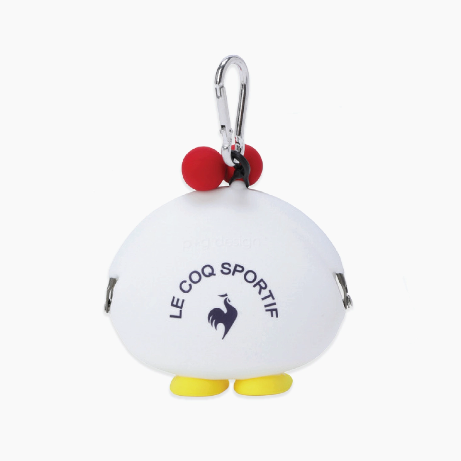 A white rooster-shaped carabiner keychain with red beaks, yellow feet, and a silver metal clip. The front features the black printed text 'LE COQ SPORTIF' and the rooster logo.