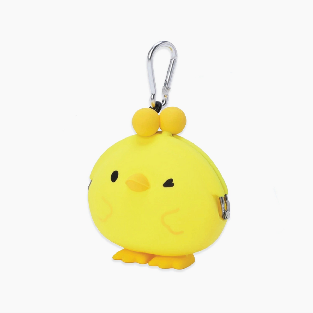 A yellow chick-shaped keychain pouch with a silver carabiner clip, shown on a clean white background.