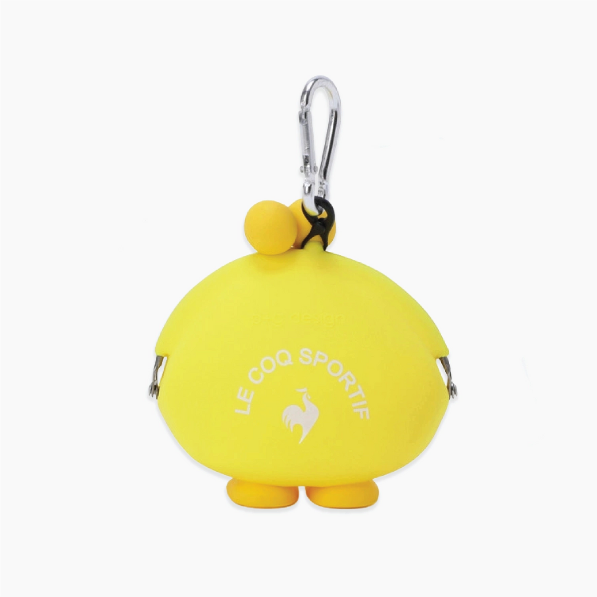 A bright yellow round silicone pouch with small feet and a silver carabiner clip, featuring the white 'LE COQ SPORTIF' logo on the front, set against a plain white background.
