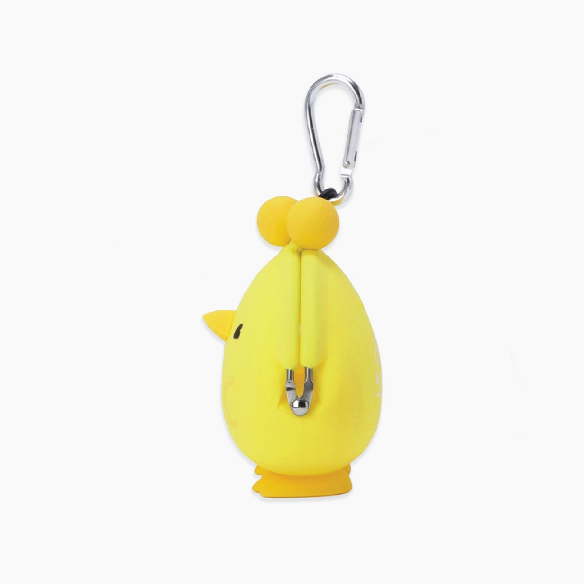 A yellow silicone keychain shaped like a cute cartoon chick with a silver carabiner clip, shown against a plain white background.