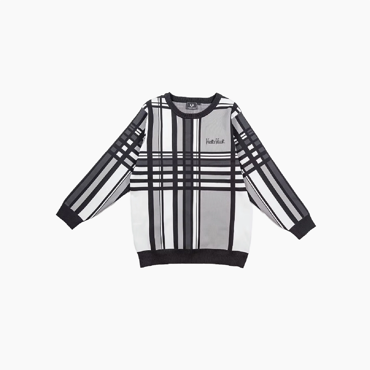A long-sleeve crewneck sweatshirt featuring a black, white, and gray plaid pattern, with a small black script logo on the left chest, displayed on a clean white background.