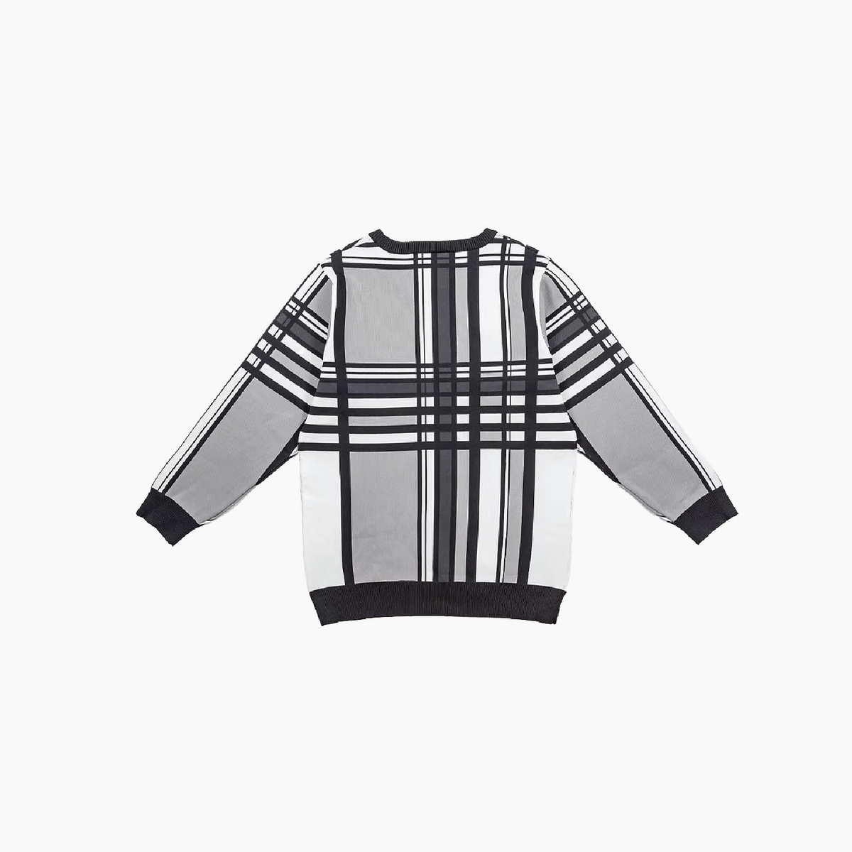 A long-sleeve crewneck sweater with a black, white, and gray plaid pattern, shown flat against a light gray background.