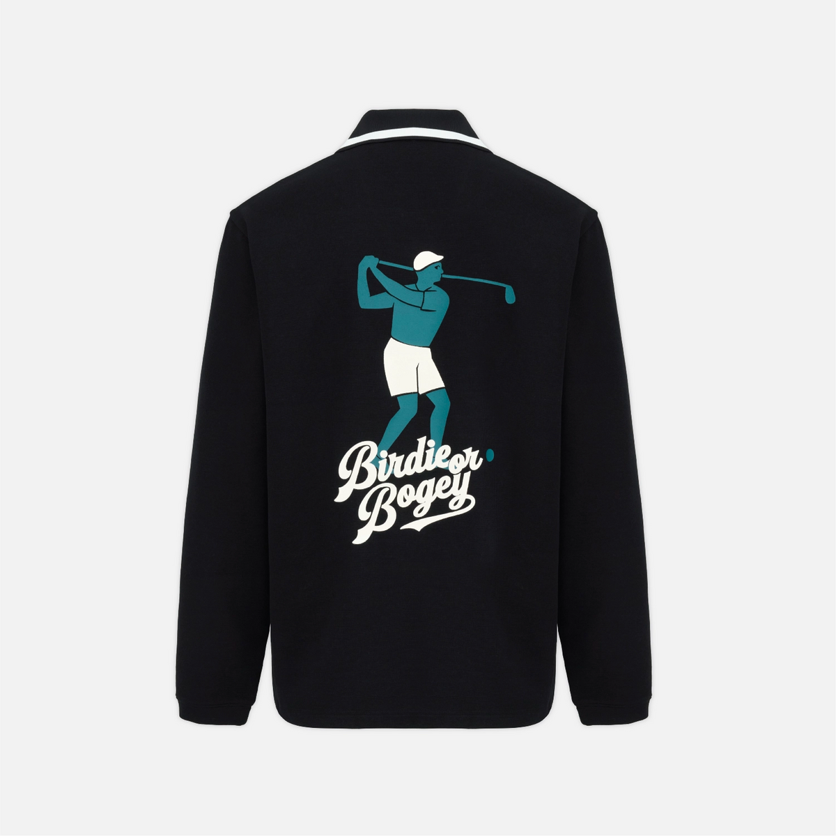 A black long-sleeve polo shirt shown from the back, featuring a teal and white graphic of a golfing player with the text 'Birdie or Bogey' printed on the back.