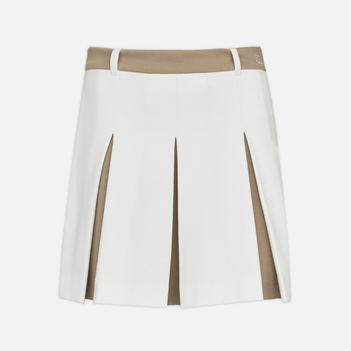 A white pleated tennis skirt with tan contrast panels at the waistband and side seams, shown flat against a light gray background.