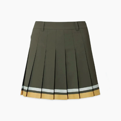 Khaki pleated golf skort with white and gold color tipping.