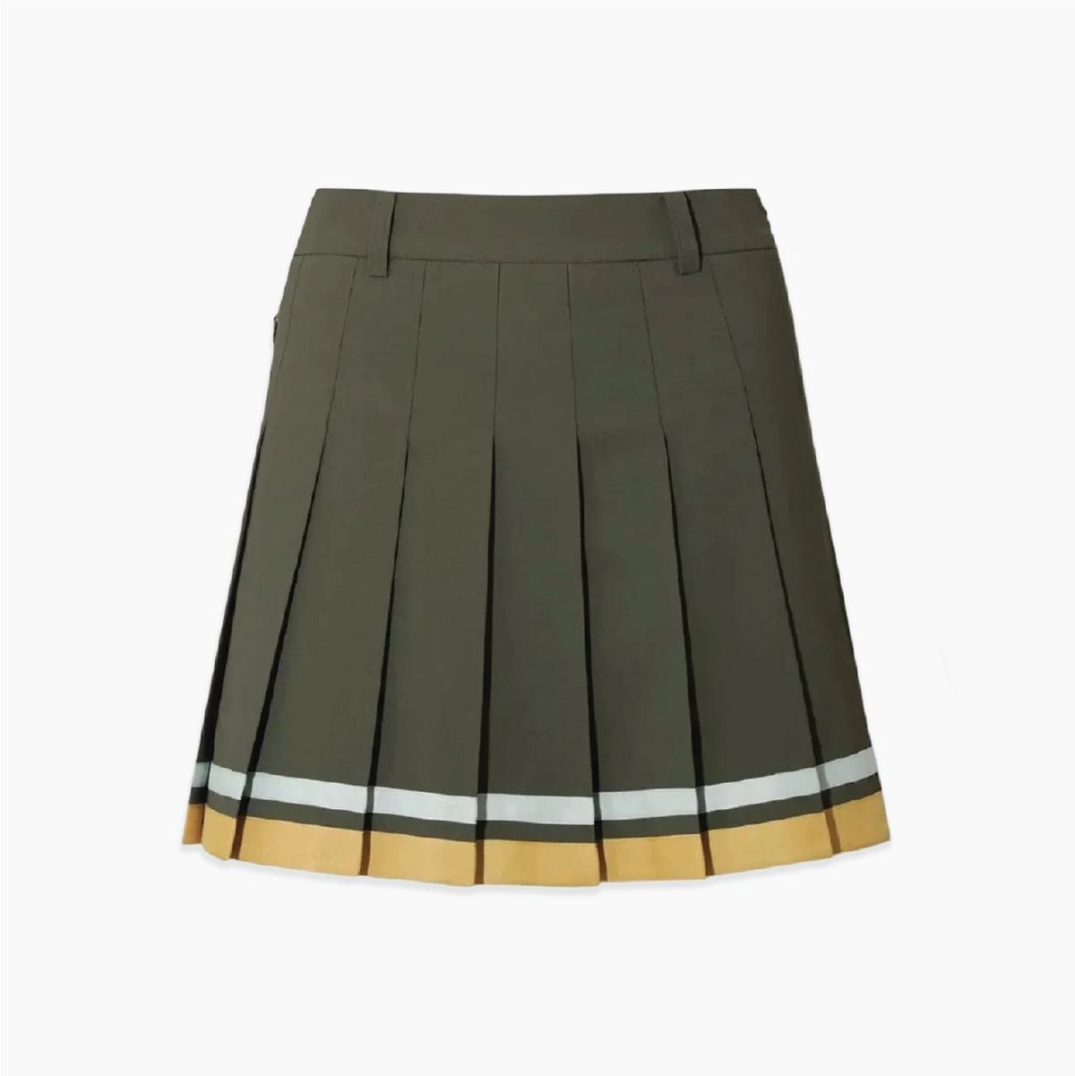 Khaki pleated golf skort with white and gold color tipping.