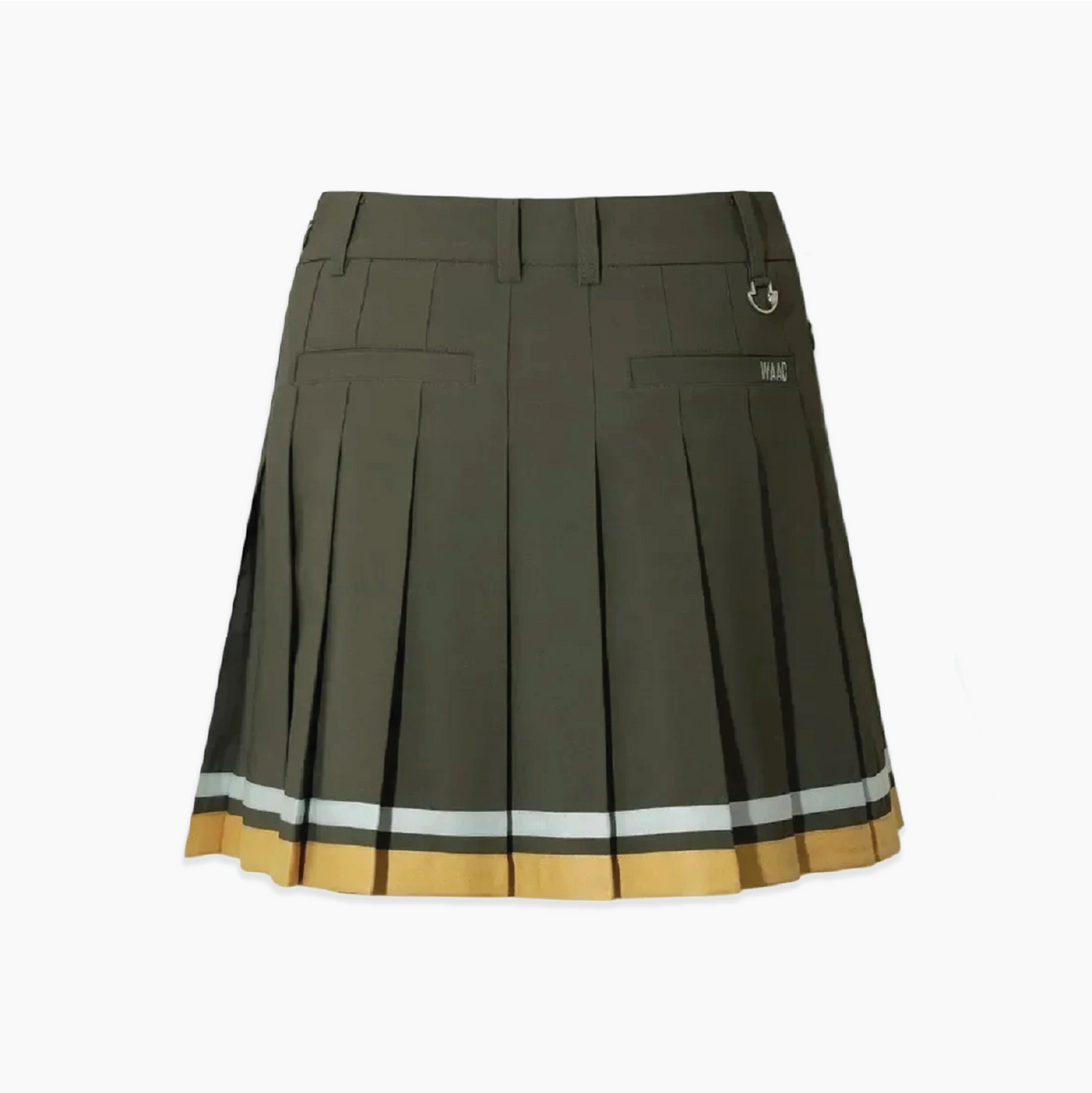 Back view of khaki pleated golf skort with white and gold trim