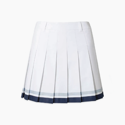 White pleated golf skort with light blue and navy color tipping