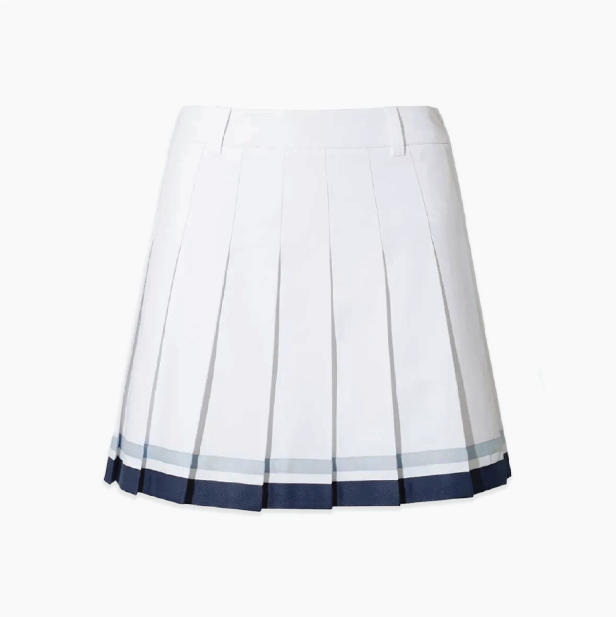 White pleated golf skort with light blue and navy color tipping