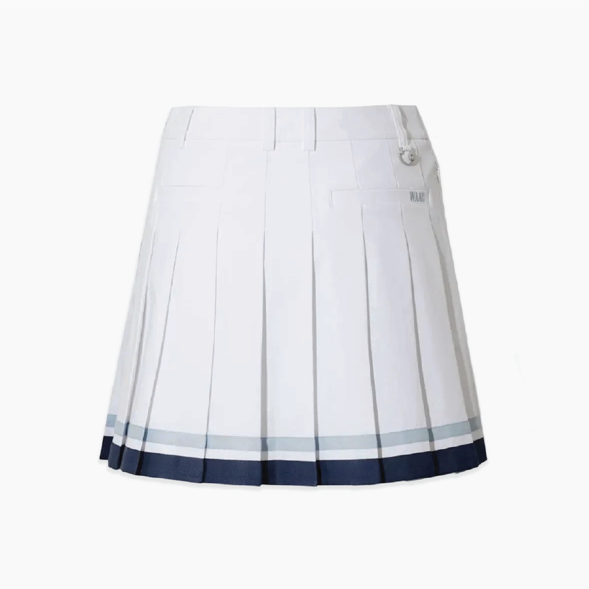 Back view of white pleated golf skort with light blue and navy trim