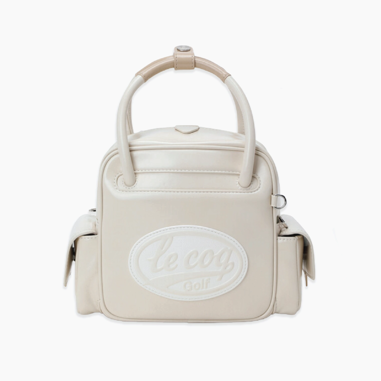 An off-white faux leather golf bag with dual top handles, side pockets, and a prominent oval 'le cog Golf' logo patch on the front, set against a plain white background.