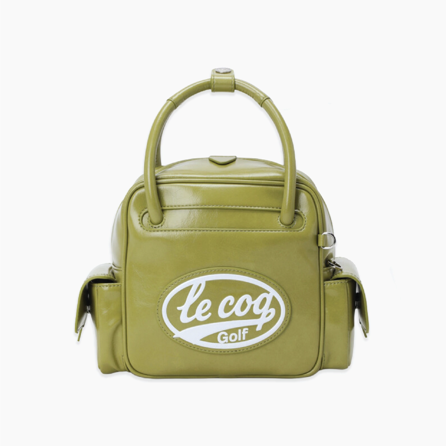 An olive green leather handbag with a top handle and side pockets, featuring a white oval 'le cog Golf' logo on the front, set against a plain white background.