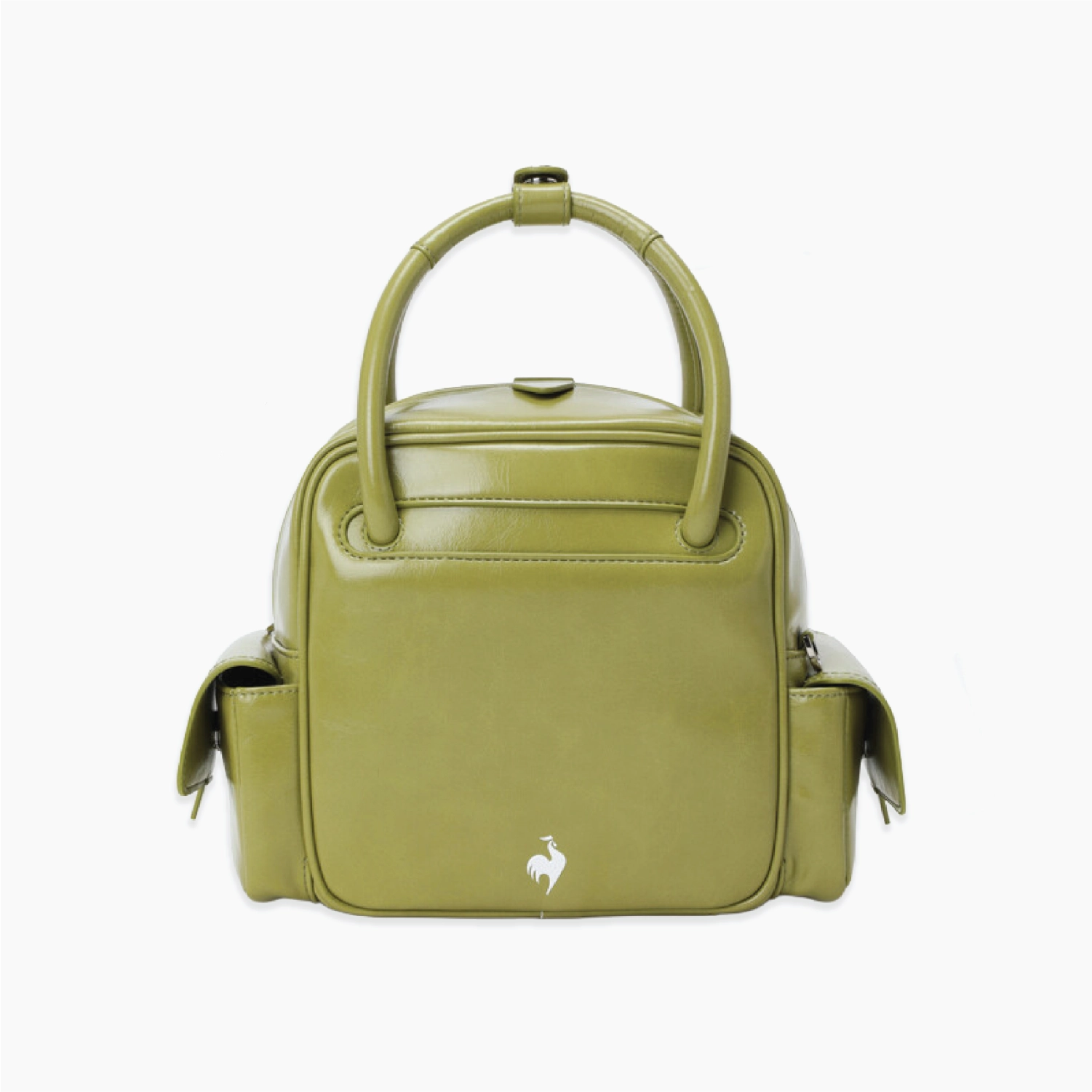 An olive green leather handbag with a structured dome shape, dual top handles, side pockets, and a small white rooster logo on the front, set against a plain white background.