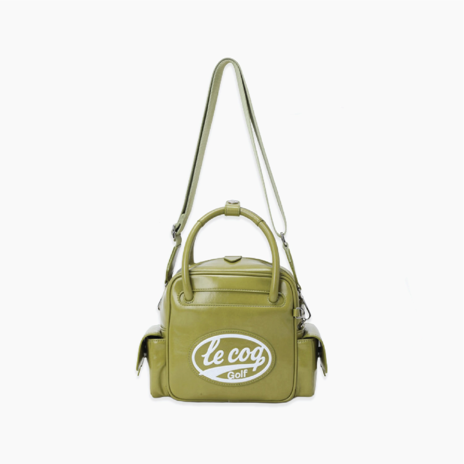 An olive green leather handbag with a top handle, shoulder strap, and side pockets, featuring a white 'le coq golf' logo on the front, set against a plain white background.