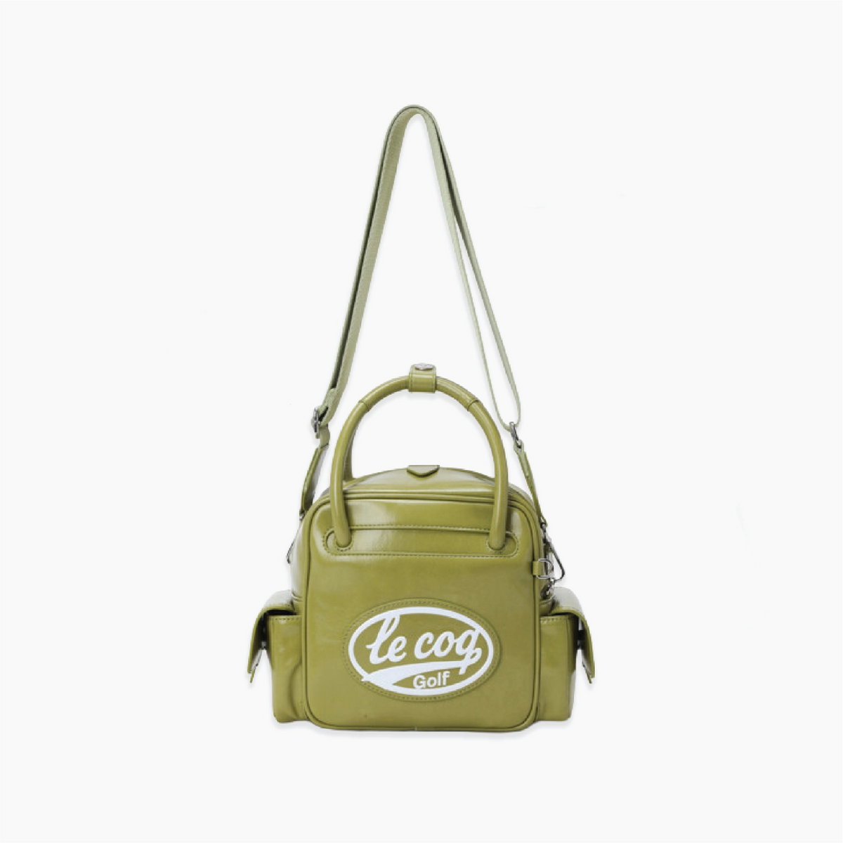 An olive green leather handbag with a top handle, shoulder strap, and side pockets, featuring a white 'le coq golf' logo on the front, set against a plain white background.