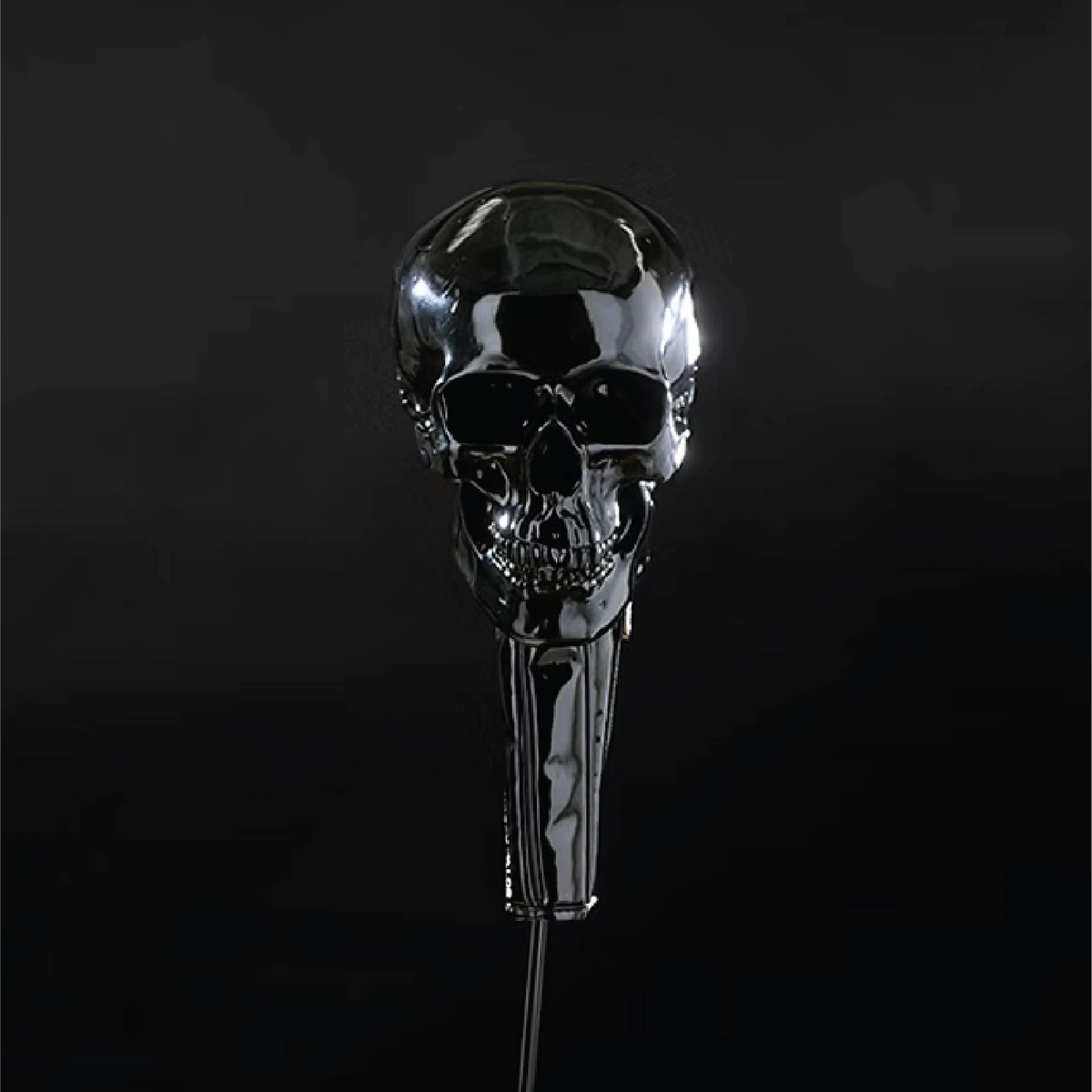 A highly polished chrome skull-shaped object with a matching cylindrical base, photographed against a dark black background.