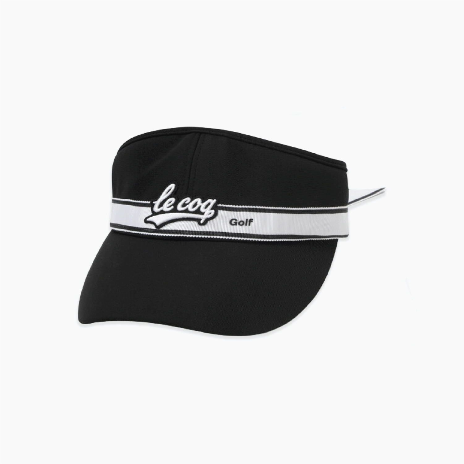 A black golf visor with a white stripe across the front featuring the text 'le cog Golf' in white and black, shown against a plain white background.