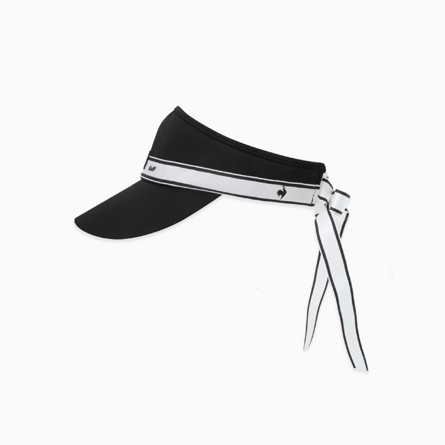 A black visor hat with a white headband featuring a small black logo and a matching white tie ribbon, shown against a plain white background.