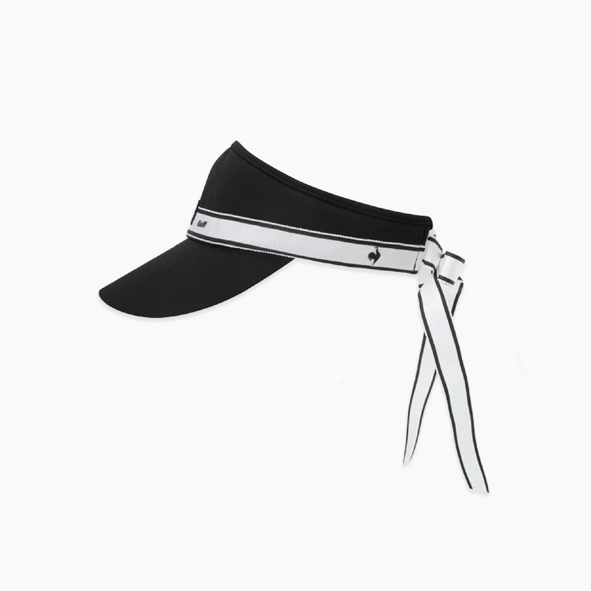 A black visor hat with a white headband featuring a small black logo and a matching white tie ribbon, shown against a plain white background.