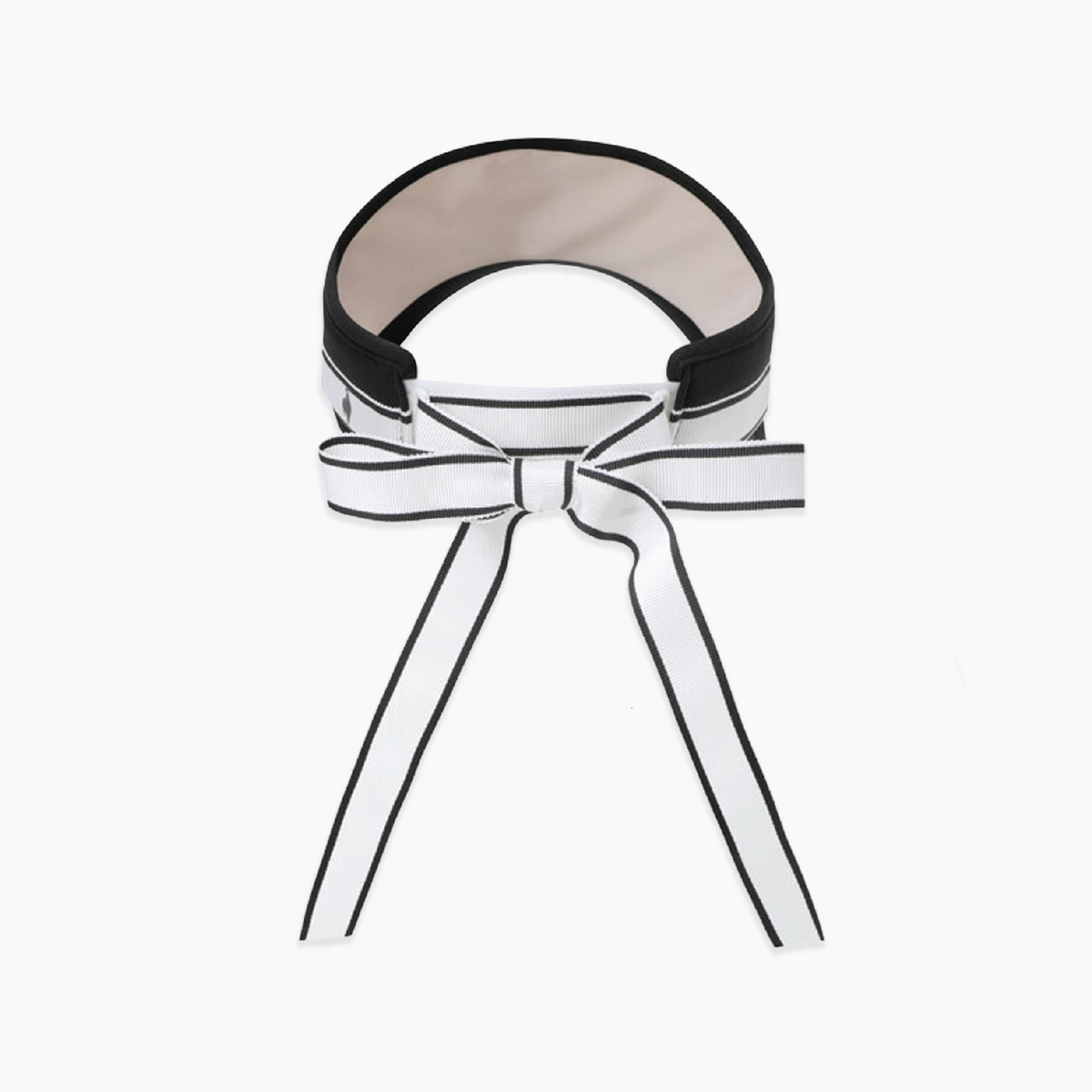 A sun visor with black piping trim, featuring a wide padded black top band and a large bow at the front, displayed on a clean white background.