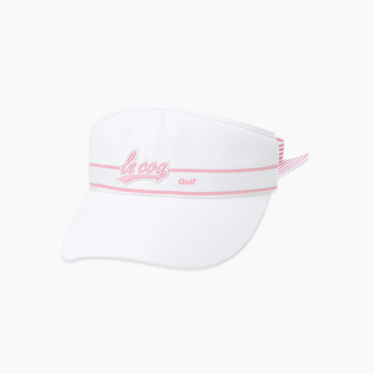 A white golf visor with pink embroidered details, featuring the text 'le coq Golf' on the front band and a pink-and-white striped back strap, shown against a plain white background.