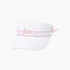 A white golf visor with pink embroidered details, featuring the text &