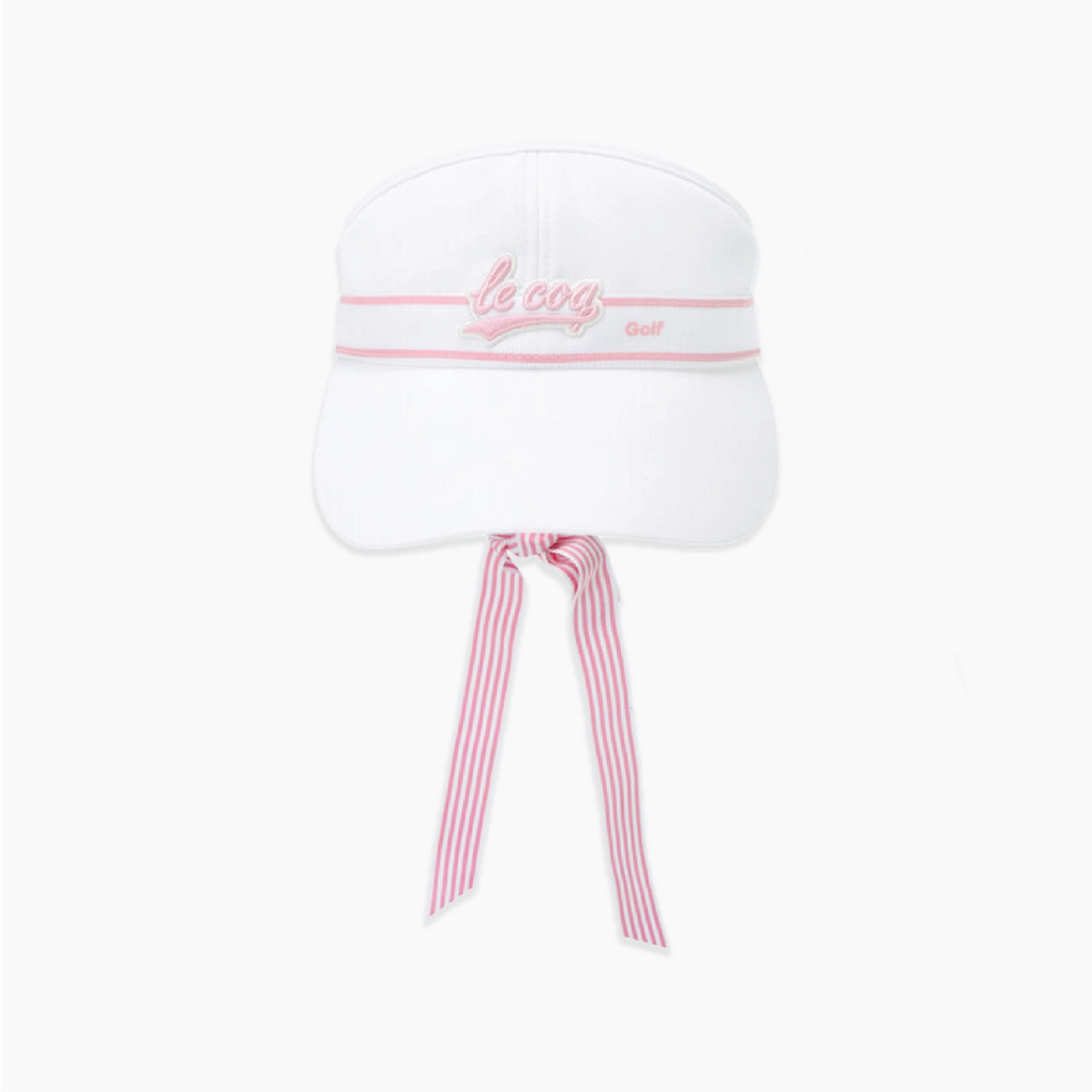 A white visor-style cap with pink embroidered script on the front, two thin pink horizontal stripes, and matching pink-and-white striped ties hanging from the brim, shown on a plain white background.