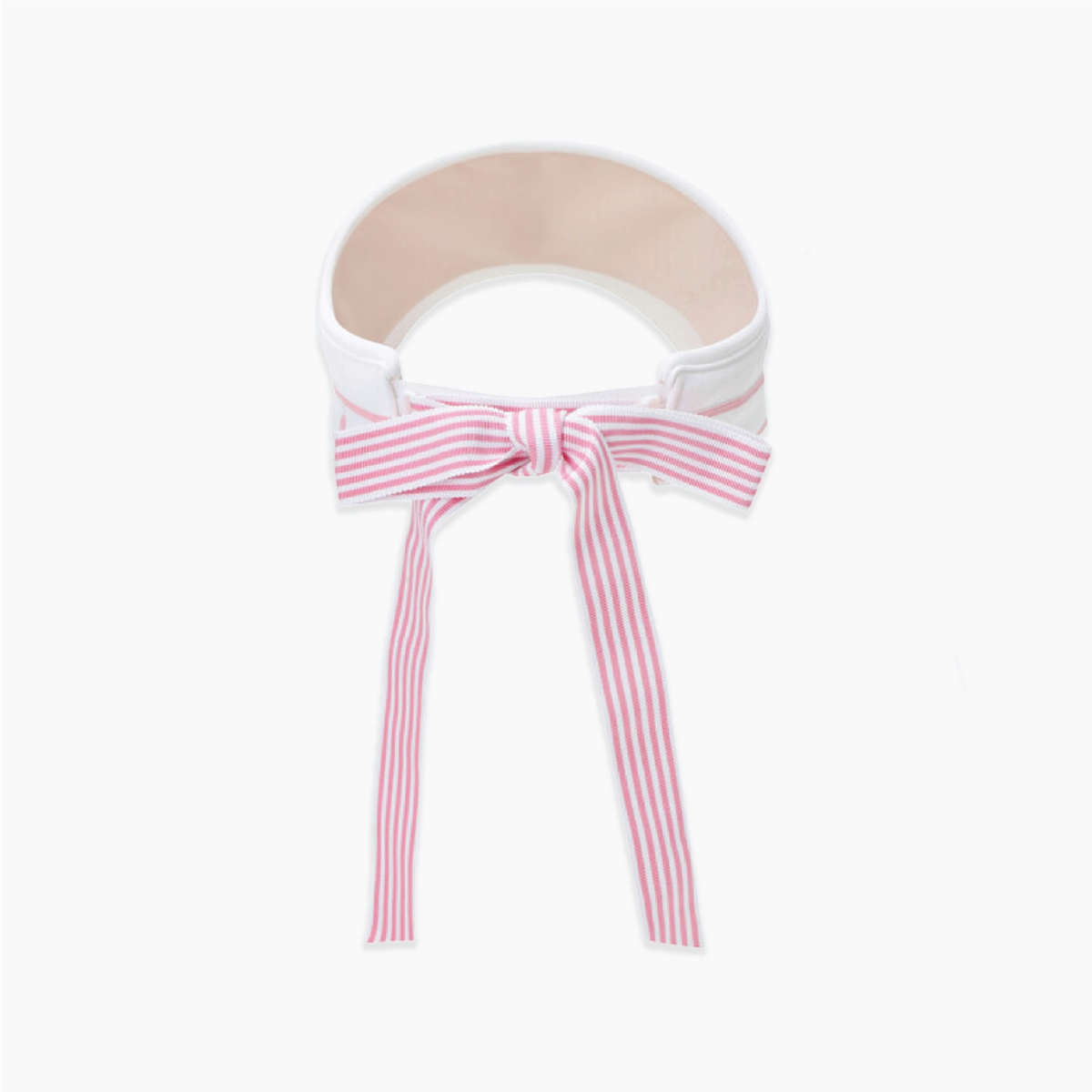 A white fabric headband with a pink and white striped bow tied at the front, displayed on a clean white background.