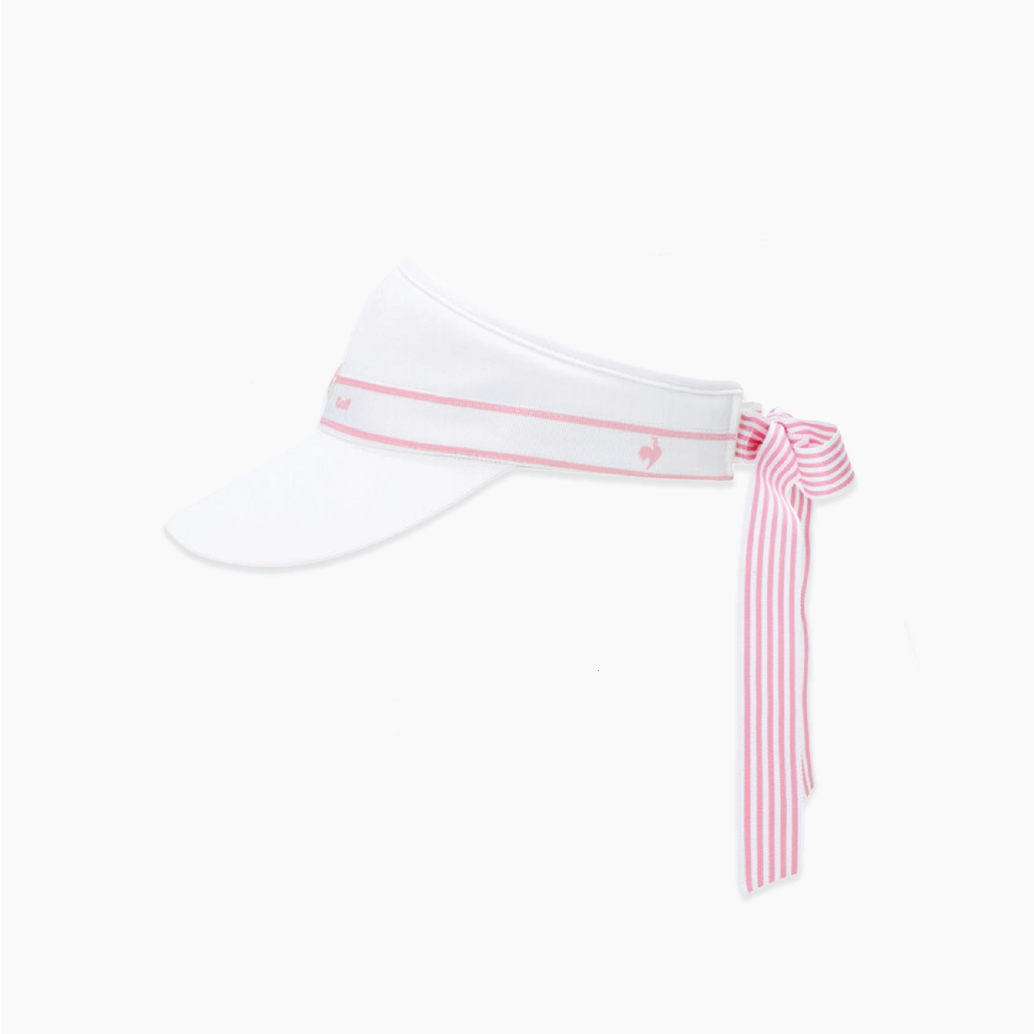 A white visor hat with a pink stripe detail on the band and a matching pink and white striped ribbon tied in a bow at the back, shown against a plain white background.
