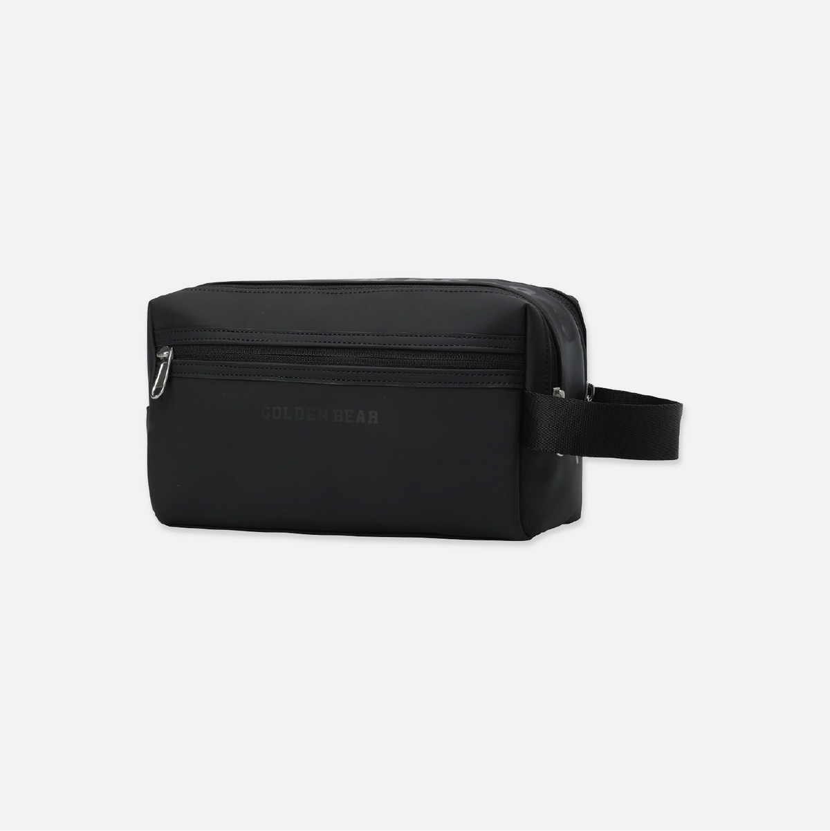 A black nylon toiletry bag with a top zipper, a front zip pocket, and a side strap, featuring the embossed brand name 'GOLDEN BEAR' on a light gray background.