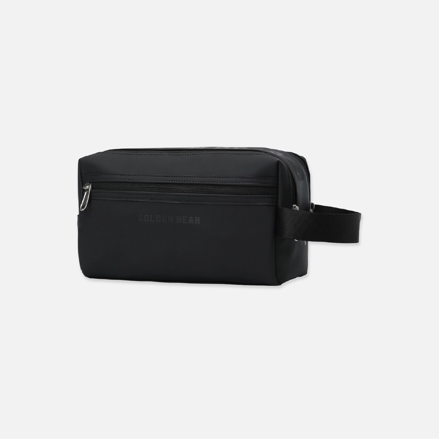 A black nylon toiletry bag with a top zipper, a front zip pocket, and a side strap, featuring the embossed brand name 'GOLDEN BEAR' on a light gray background.