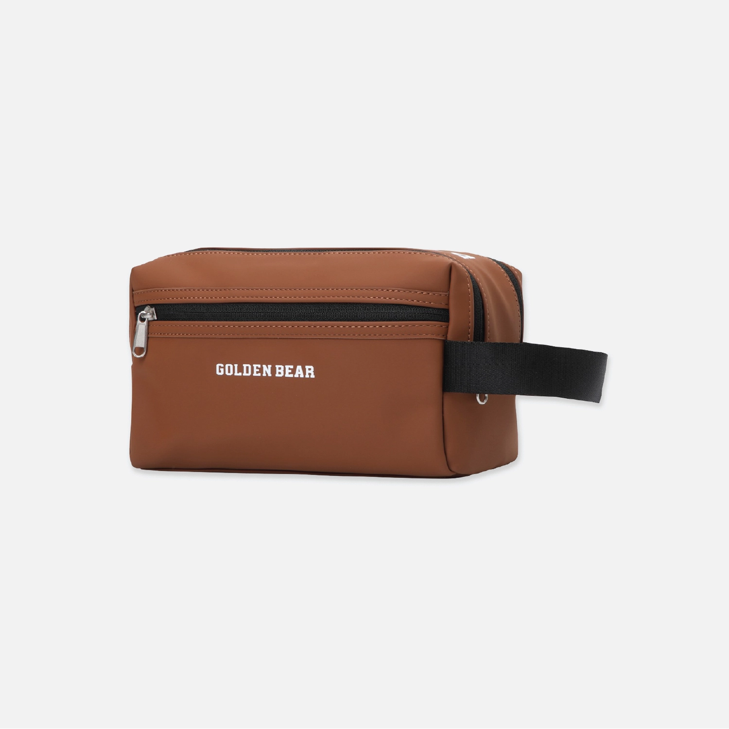 A brown leather-like pouch bag with a black zipper, a black webbing strap, and 'GOLDEN BEAR' printed in white on the front, shown on a light gray background.