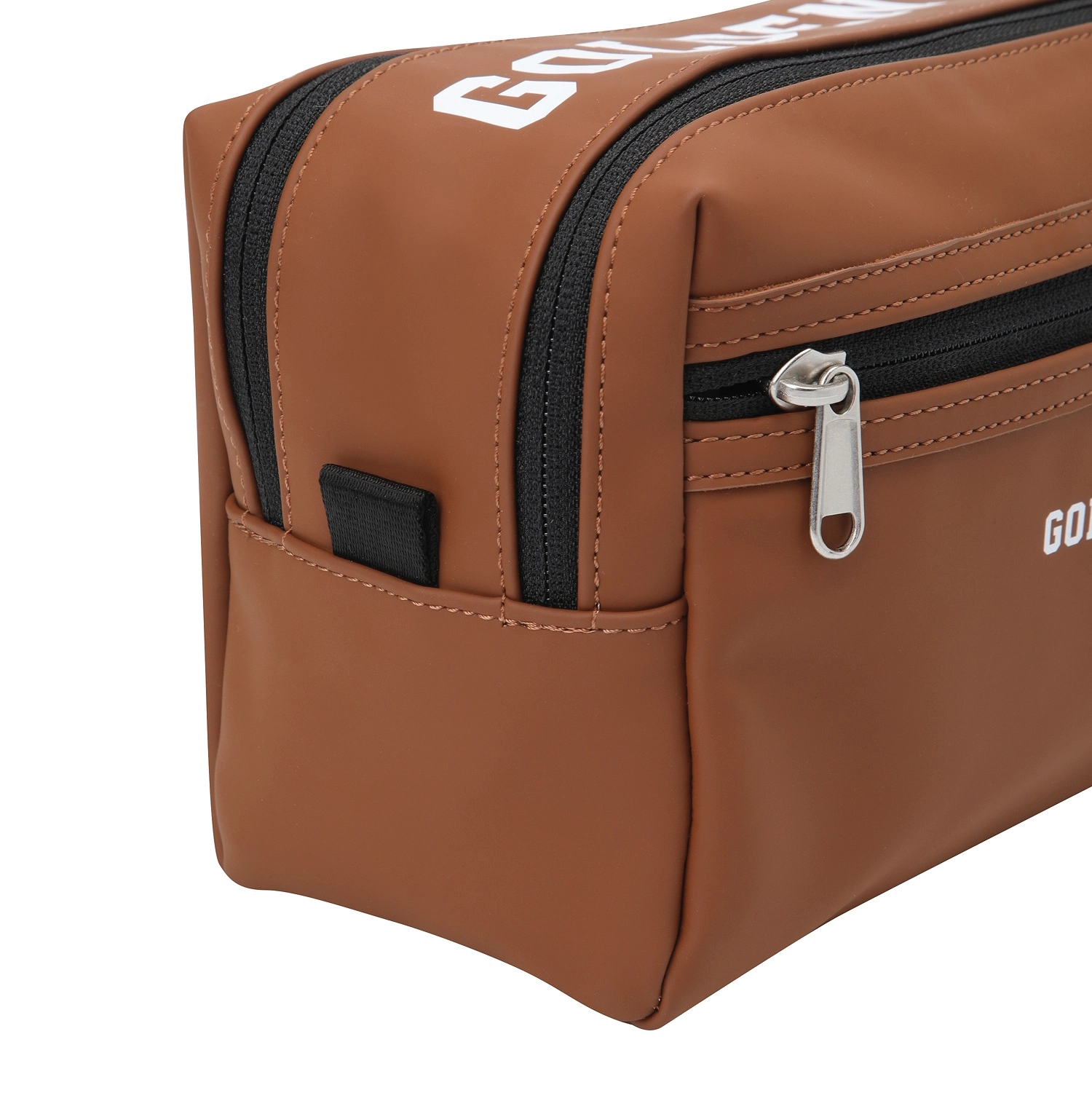 A close-up of a brown nylon pouch bag with black zippers, white printed lettering, and a silver zipper pull on a white background.