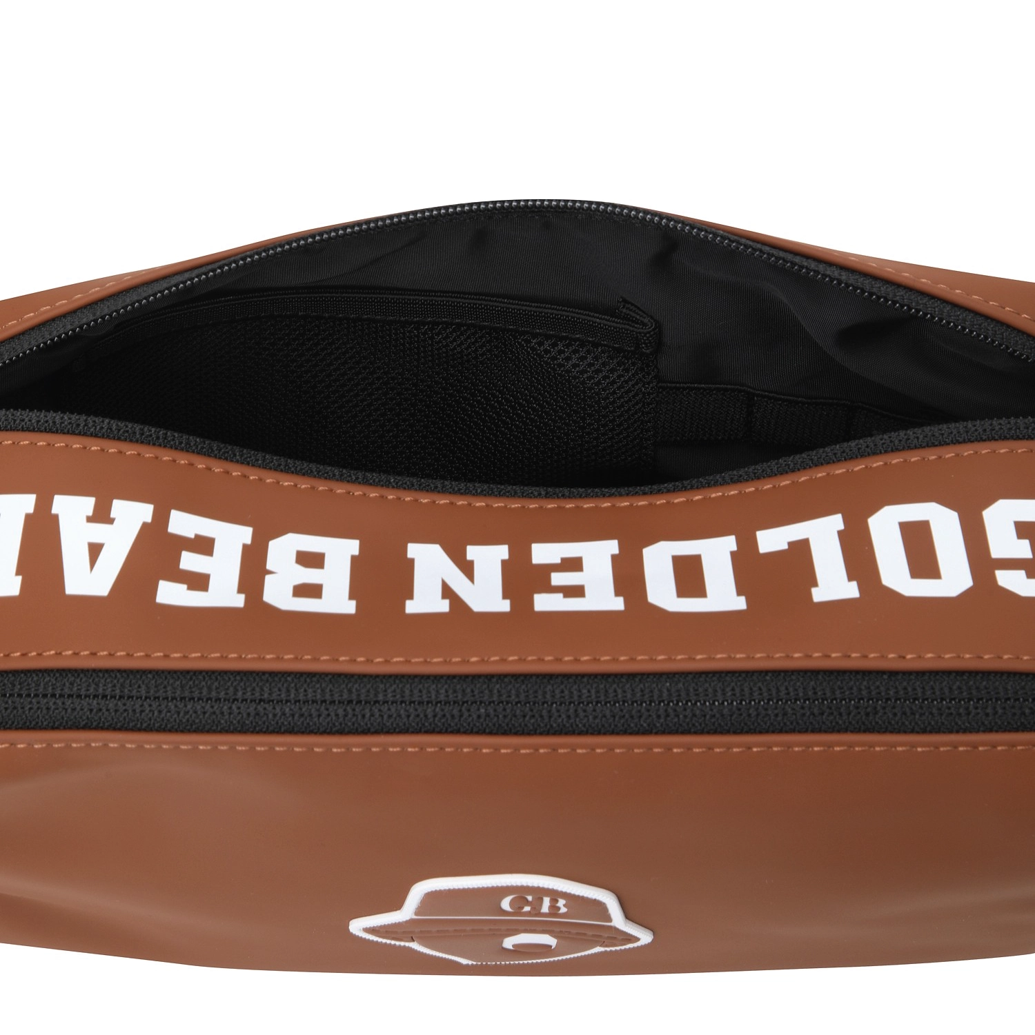 Close-up of a brown bag with a black interior, featuring white text reading 'GOLDEN BEAR' and a white hat logo on the front, set against a plain white background.