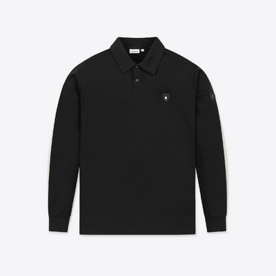 A black long-sleeve polo shirt with a small embroidered bear logo on the left chest, displayed flat against a light gray background.