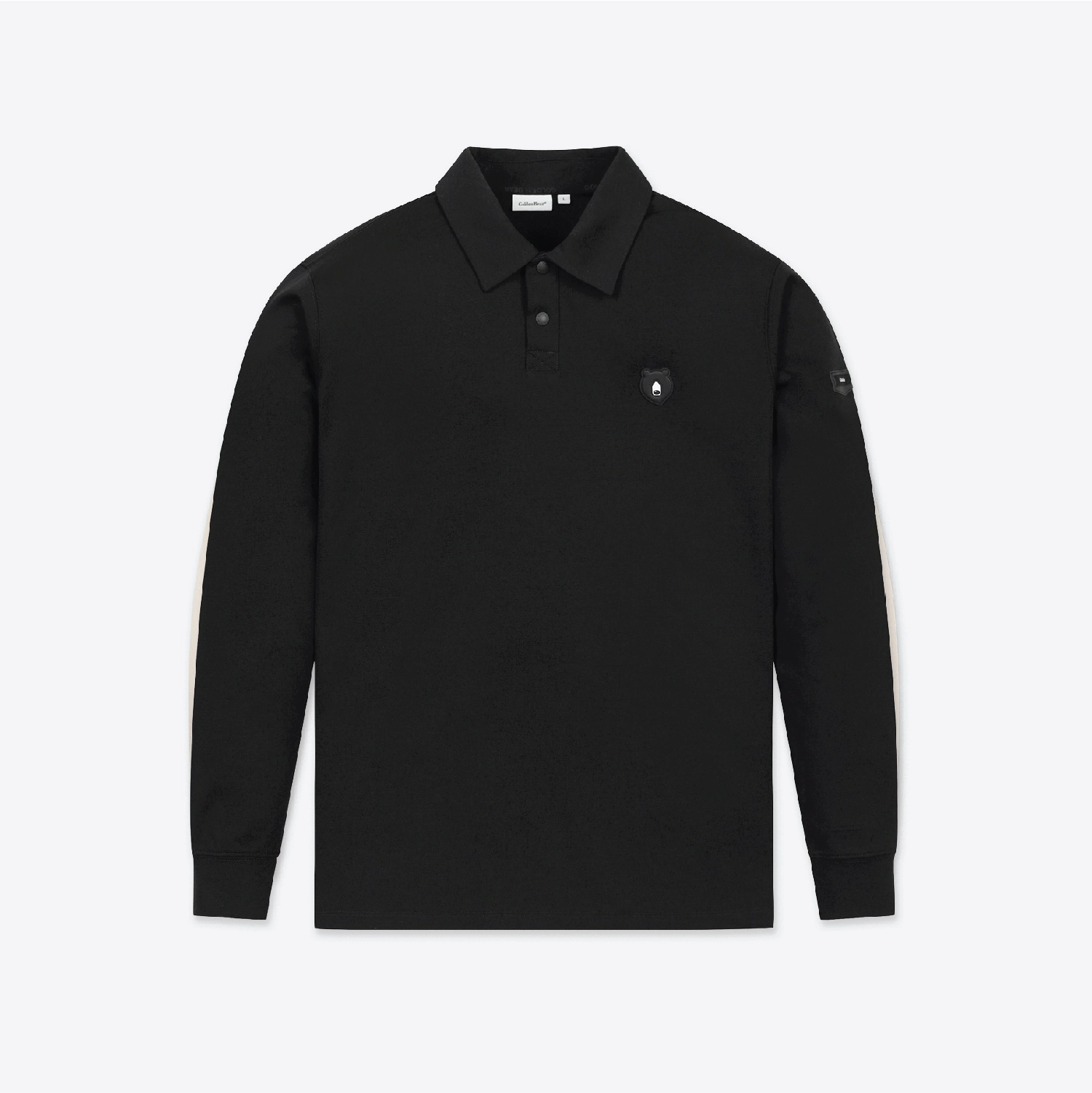 A black long-sleeve polo shirt with a small embroidered bear logo on the left chest, displayed flat against a light gray background.