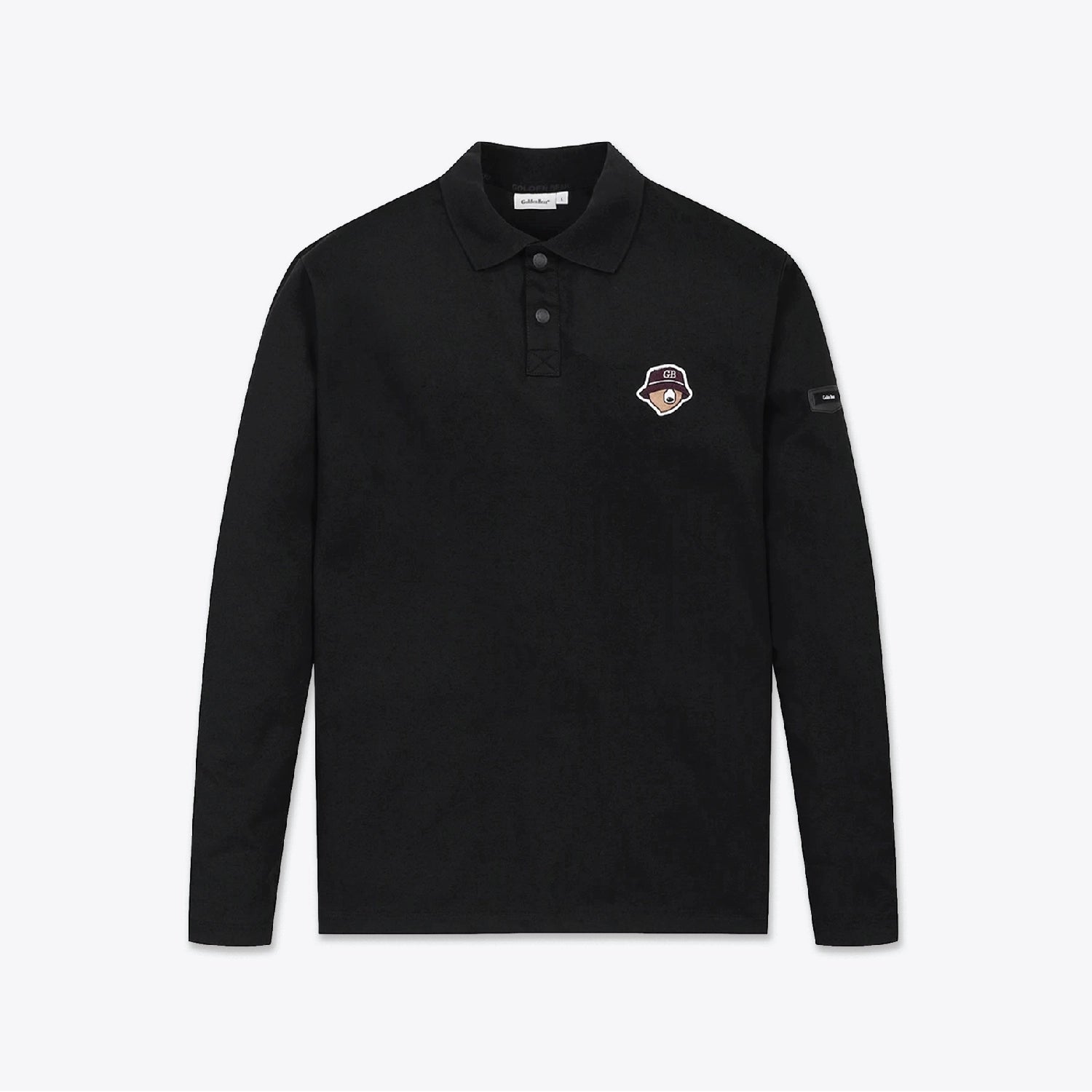 A black long-sleeve polo shirt with a small embroidered shield logo on the left chest and a small sleeve patch, displayed flat against a light gray background.